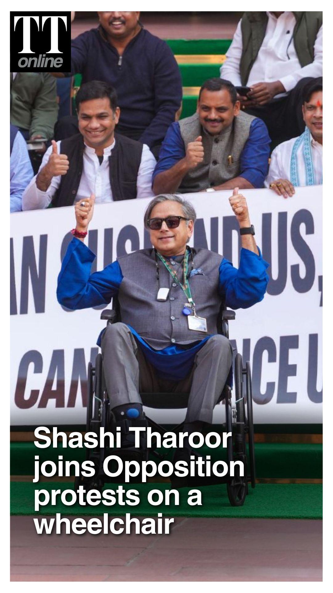 Shashi Tharoor Joins Opposition Protest Outside Parliament in Wheelchair Despite Fracture