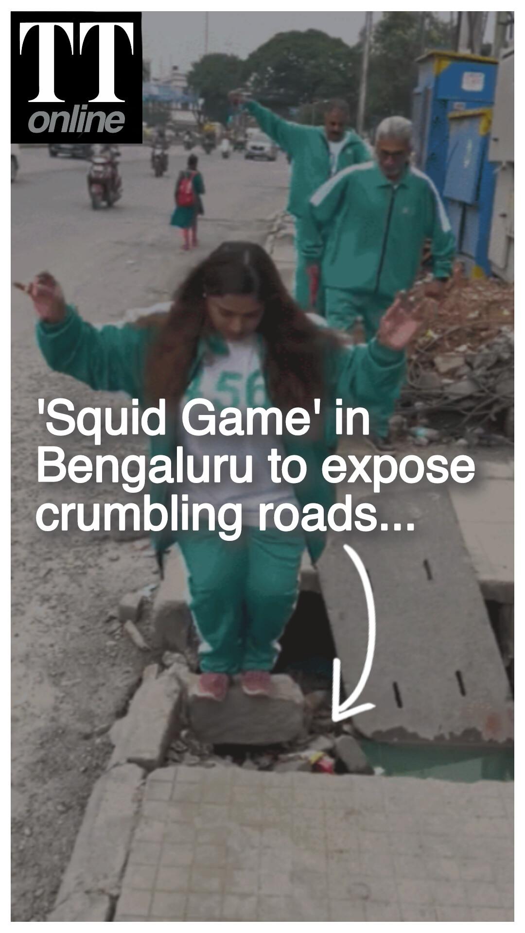 Artists, Journalists in Bengaluru Mimick 'Squid Game' to Protest Against Bad Roads