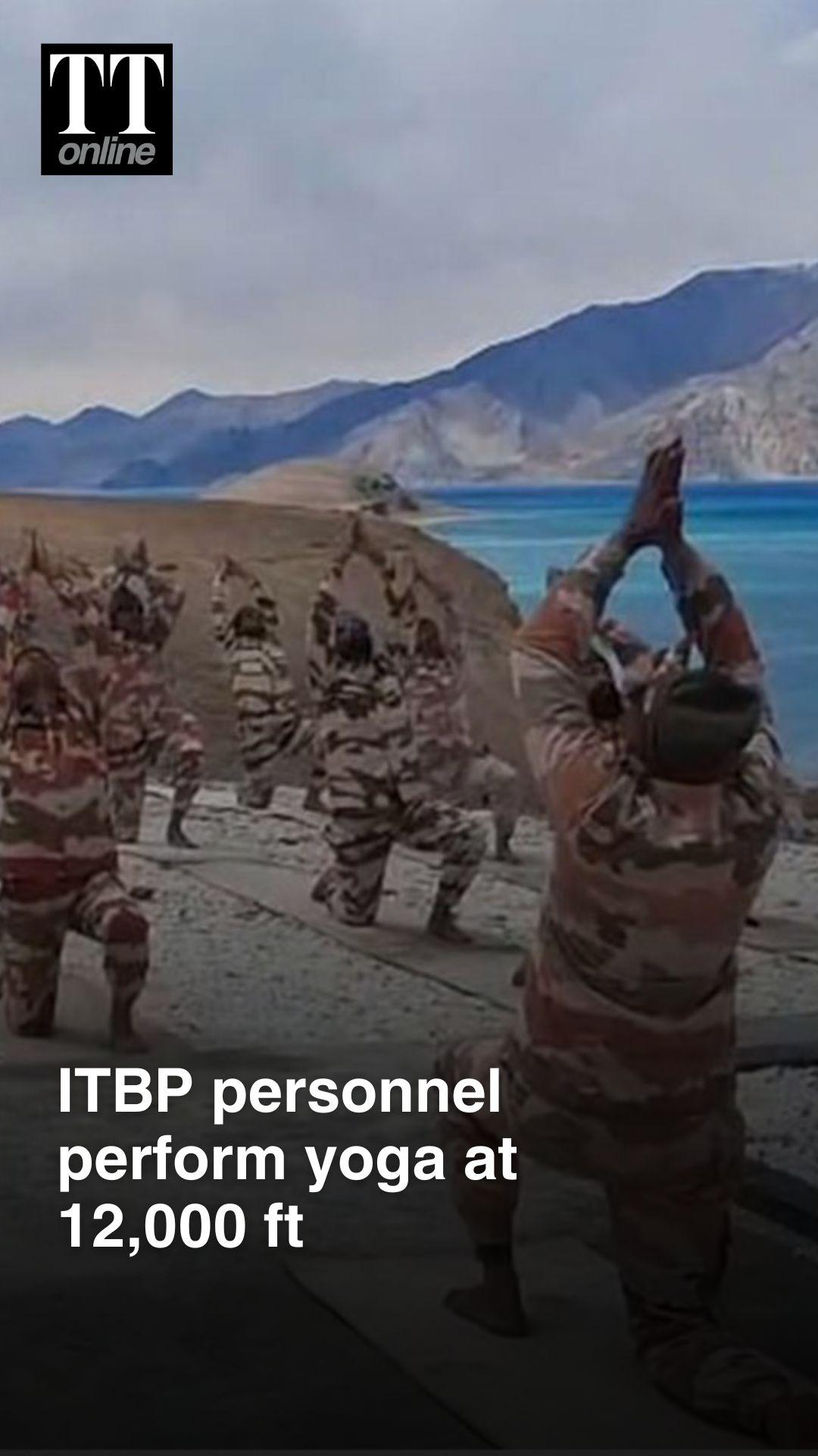 Indo Tibetan Border Police Personnel Perform Yoga at Pangong Lake in Leh
