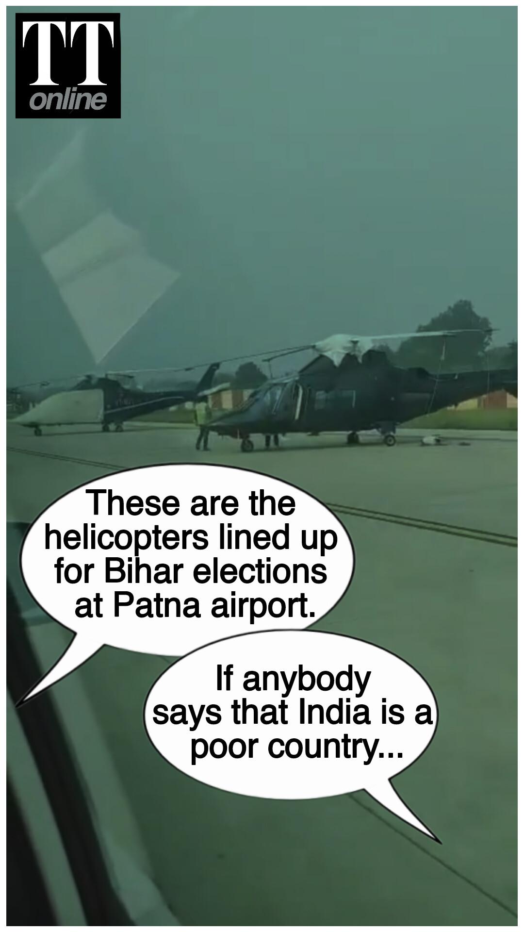 Long Line of Helicopters, Chartered Aircraft Parked Across an Airstrip in Patna