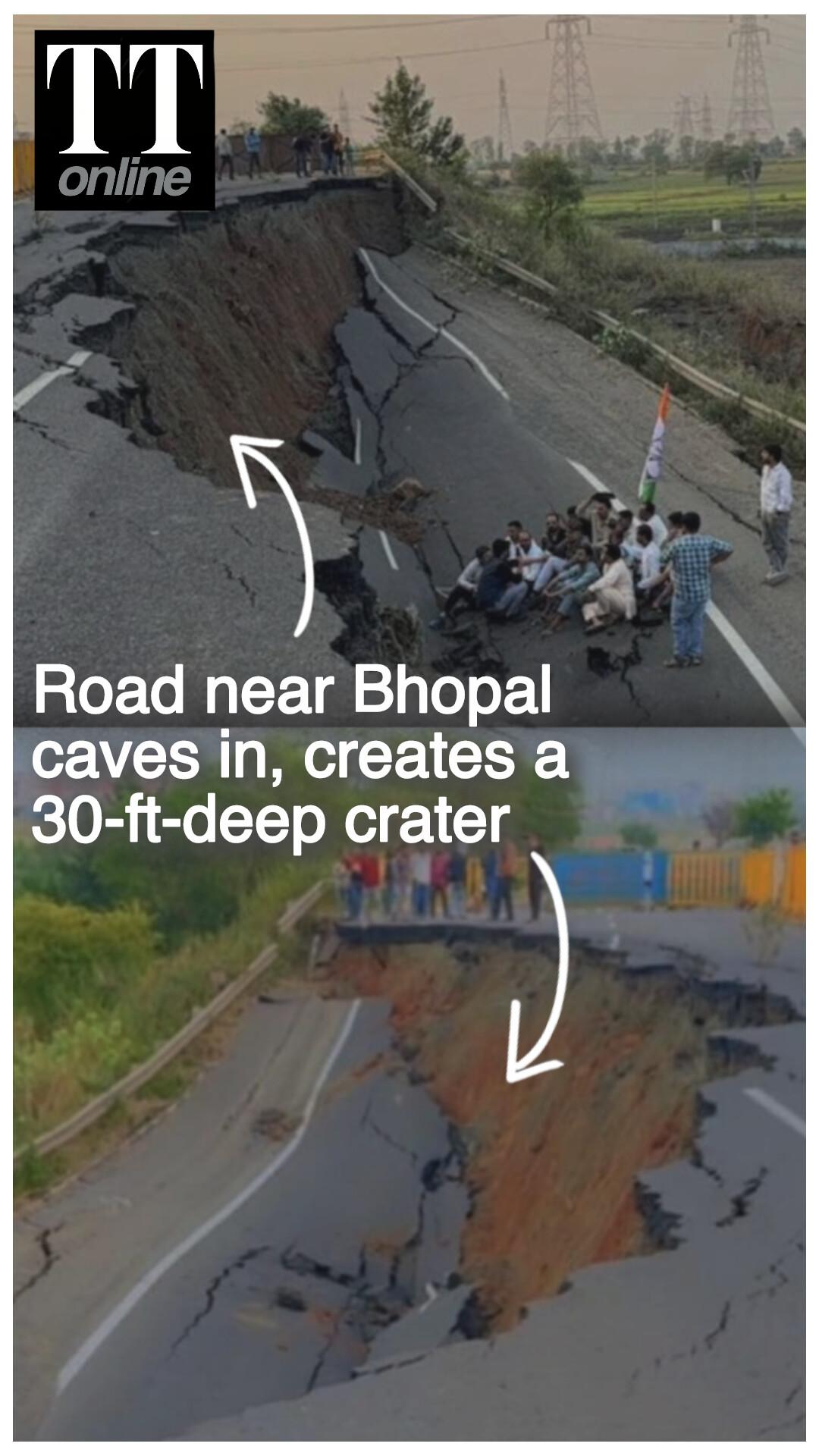Watch | 100-metre Stretch of Road Caves in, Creates 30-foot-deep Crater Near Bhopal